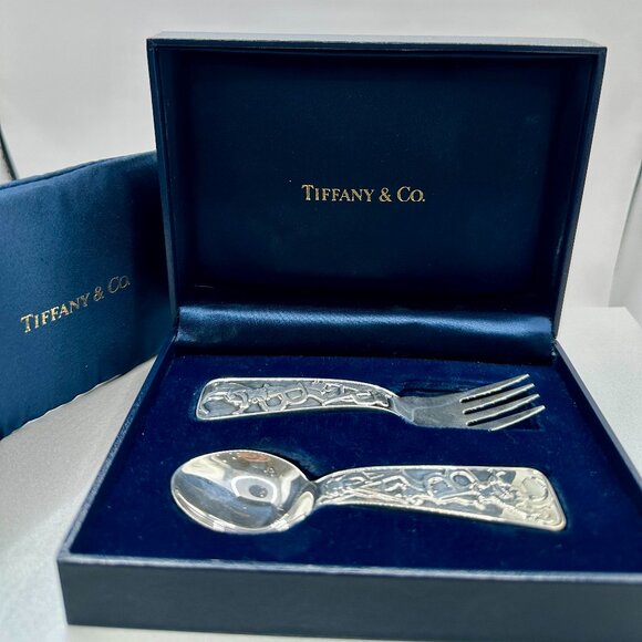 Tiffany & Co. Solid Sterling Silver Baby Spoon & Fork Set in Tiffany Pouch Box